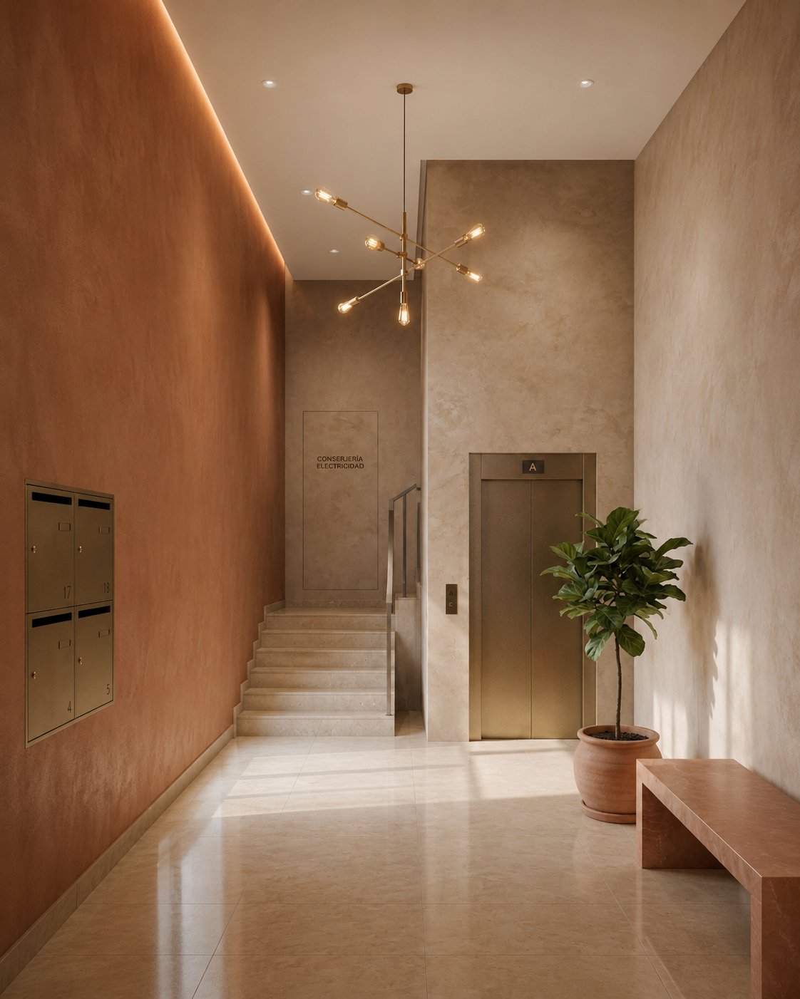 Hall de acceso con ascensor y luz natural en Verja 19